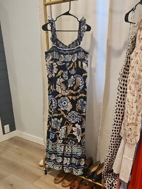 Free People Navy Maxi Dress with Blue & Yellow Floral Print